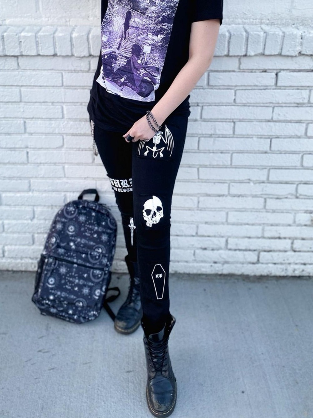 HT Denim Stinger Jeans 36x30 Black Gothic Patch Distressed Streetwear punk - Picture 2 of 9